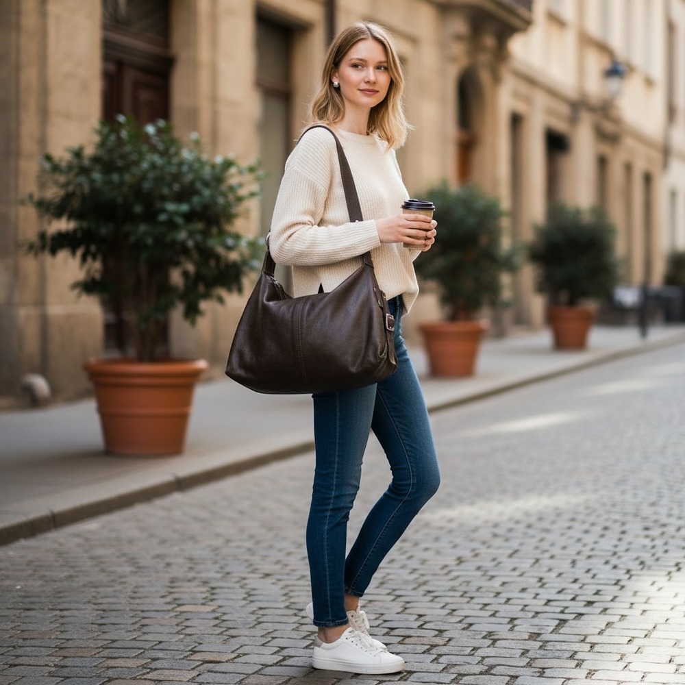 Cristina Made in Italy Dark Brown Pebbled Leather Hobo Shoulder Bag